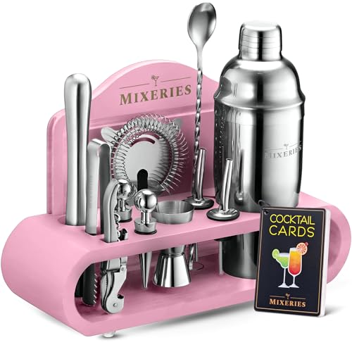 Mixology Bartender Kit with Stand - 18 Piece Bar Set Cocktail Shaker Set, Drink Mixer Set for Home Bar with All Bar Accessories - Bar Tool Set, Cocktail Kit, Mixology Set, Bar Kit (Pink). - Pink