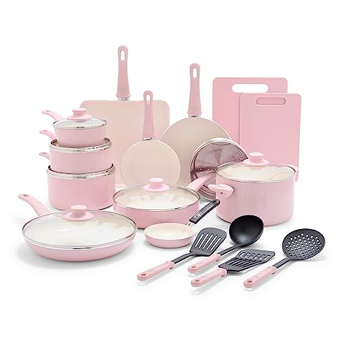 GreenLife Soft Grip Healthy Ceramic Nonstick 23 Piece Kitchen Cookware Pots and Frying Sauce Pans Set, PFAS-Free, Dishwasher Safe, Pink - 23 Piece Cookware Set - Soft Pink