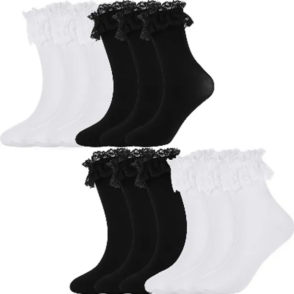 6 Pairs Women's Lace Ruffle Opaque Anklet Socks Frilly Trim Socks Stylish Elegant Lace Socks Dress Socks for Women and Girls