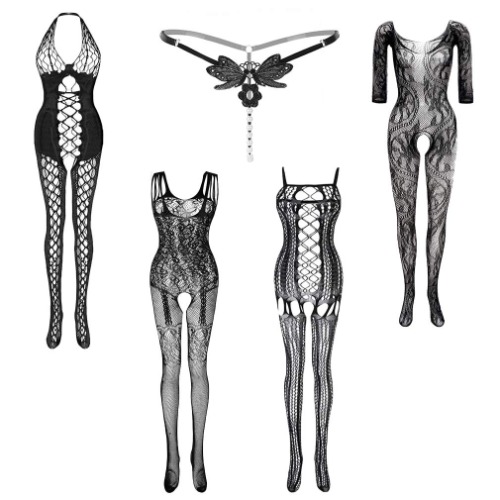 LQWY Fishnet Bodysuit Lingerie Lace Crotchles Sexy Mesh Body Stockings for Women - B-5pcs-black One Size