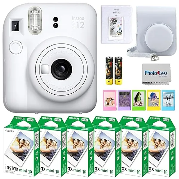 Fujifilm Instax Mini 12 Instant Camera Bundle with Fujifilm Instax Mini Instant Film Value Pack (60 Sheets) with Accessories Including Protective Case, Strap, Photo Album (Clay White)