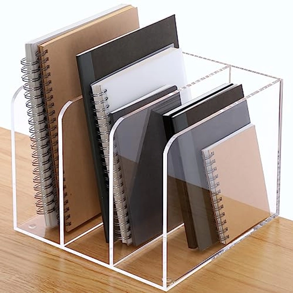 HeZone File Organizer for Desk Clear Acrylic Magazine Holder Office Accessories Desk Book Storage with 3 Vertical Organizer Spaces Desk Folder Organizer