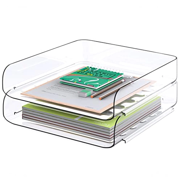 Tomorotec Desk Letter Tray Set, A4 Size Clear PET Stackable Document Organizer Office Desktop File Paper Holder Book Storage Rack Side Load Anti-Skid Stacking Support Convex Bottom (2X Portrait)