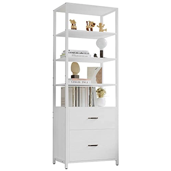 IRONCK Industrial Bookcase with File Cabinet Drawers, 71.6 in Tall Bookshelf 5 Tier, Freestanding Storage Home Office Cabinet Organizer, Rustic Home Decor, White