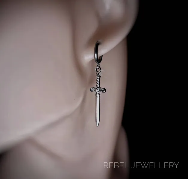 Silver Steel Hoop Dagger Earings for Women and Men. Unique Gothic Alternative Jewellery, Dagger Dangle Silver Charm Earring Set, Unique gift