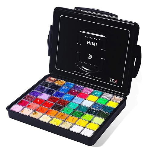 HIMI Gouache Paint Set, 56 Colors x 30ml Include 8 Metallic and 6 Neon Colors, Unique Jelly Cup Design in a Carrying Case Perfect for Artists, Students, Gouache Opaque Watercolor Painting