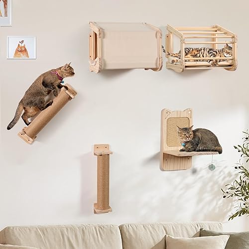 Kletterwand Katzen aus Massivholz, LitaiL 5tlg Katzen Kletterwand Set, 2X Katzenbett mit Weiche Kissen | 2X Kratzbaum | 1x Kratzbrett mit Sisal Matte für Wandmontage, Bis 25KG, Farbe in Beige - Beige