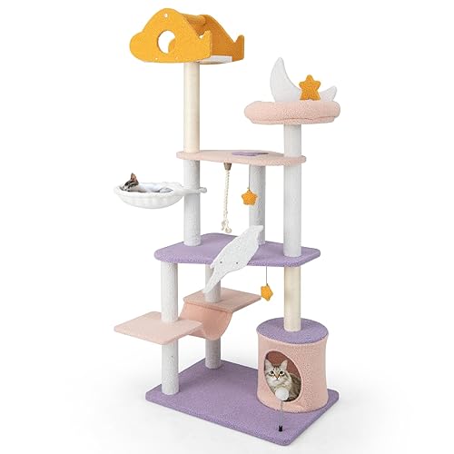 COSTWAY Kratzbaum, Katzenbaum mit Katzenhöhle & Hängematte & Sisalseil & Spielzeug, niedlicher Katzenkratzbaum, Katzen Katzenmöbel, Kletterbaum Aktivitätsbaum Spielbaum, Lila+Pink (48x68x167cm) - 48x68x167cm