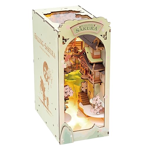 Rowood Book Nook Kits for Adults,3D Wooden Puzzle Bookend,Bookshelf Decor Insert Alley,DIY Miniature Booknook Model Craft Kits for Adults,Gifts with LED on Birthday Christmas(Falling Sakura) - TGB05-Falling Sakura