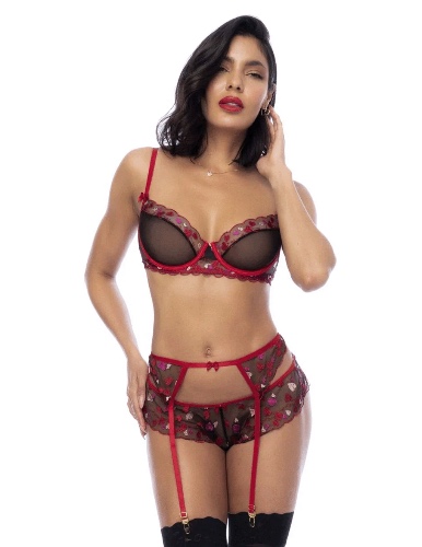 Mapale Sweet Heart Embroidered Underwire Bra, Bow Tie Panty & Garter Belt | Black/Red / S