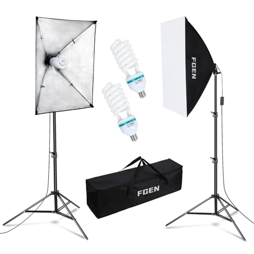 FGen Softbox Fotostudio Set, Fotolicht 2x50x70cm Beleuchtung für Fotostudios mit E27 Sockel 135W 5500K Fotolampe und 2M verstellbare Lichtstative für Studio-Porträts, Produktfotografie - 2x50x70cm Softbox