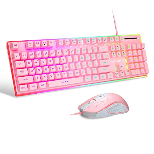 MageGee Gaming Keyboard and Mouse Combo, True RGB Backlit Membrane Office Keyboard Mouse, 104 Keys Anti-Ghosting Metal Panel Quiet Wired Keyboard for Windows Laptop PC Gamer- Pink - Pink