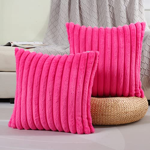 FUTEI Hot Pink Striped Throw Pillow Covers 18x18 Inch Set of 2,Square Cushion Case,Home Decorative Couch Pillow Cover,Soft Cozy Faux Rabbit Fur & Velvet Back,Modern Neutral Decor for Bed,Sofa - Hot Pink - 18 x 18-Inch