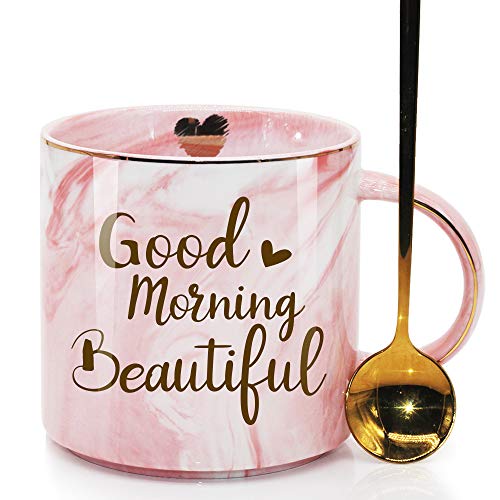 SUUURA-OO Good Morning Beautiful Novelty Coffee Mug Gifts for Her Beautiful Woman Lady Fashion Lover Girl Pretty Mom Grandma Aunt Daughter Best Friend Ever, Pink Marble Ceramic Coffee Cup 11.5oz