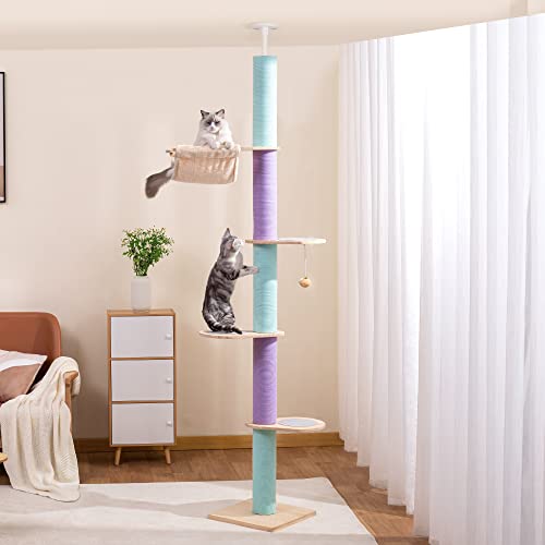 Meow Sir Floor to Ceiling Cat Tree Fit 7 to 9 Feet Ceiling with Ajustable Height (81.8-108 Inches), 5 Tiers Wood Cat Tower for Indoor Cats with Fully Scratching Post, Cozy Hammock and Dangling Ball
