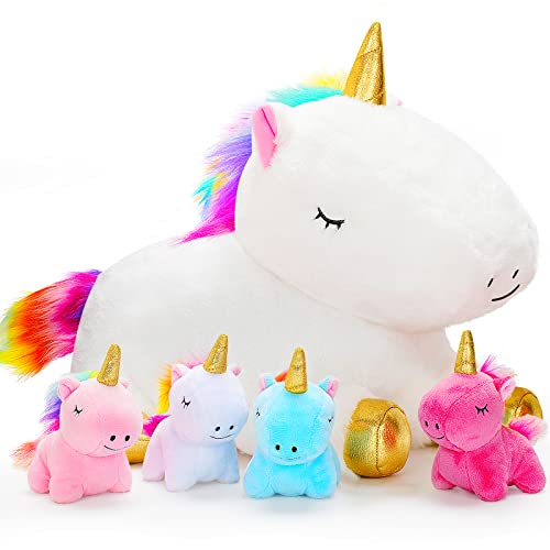 KMUYSL Unicorn Mommy Stuffed Animal with 4 Babies - Soft Plush Toy Set for Ages 3-8, Perfect Valentines & Birthday Gifts - Unicorn Stuffed Animal Set 1