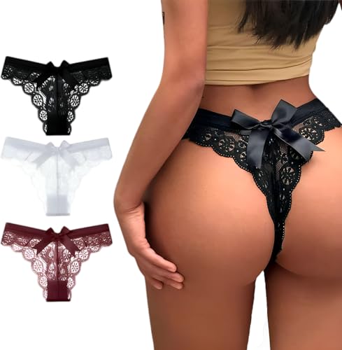 CZSABXY Women's Lace Bow Thongs T Back Low Waist Panties Sexy Seamless V-Shape Design Floral Lace - Medium - Aa-black-white-red