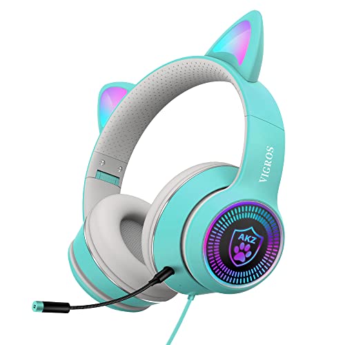 Cat Ear Gaming Headphones Wired AUX 3.5mm LED Light, Noise Canceling Game Headphones Stereo Foldable Over-Ear Headsets with Microphone Fit Girls, Kids for PC, PS4, Switch, Xbox, Mobile, Laptop - Lake Blue-Wire