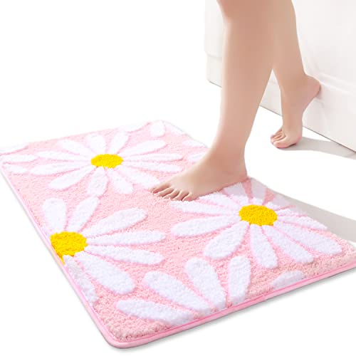 Pink Bathroom Rugs Cute Daisy Bath Mat White and Yellow Flower Decor Rug Non Slip Floor Carpet Microfiber Bathmat Super Absorbent Machine Washable Bahtub Mats for Shower, Tub, Bedroom 20"x 32" - 20x32 inch - Pink and White