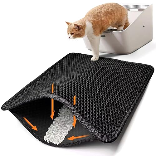 Conlun Cat Litter Mat Cat Litter Trapping Mat, Honeycomb Double Layer Design, Urine and Water Proof Material, Scatter Control, Less Waste，Easier to Clean,Washable - Black - 23" X 17"