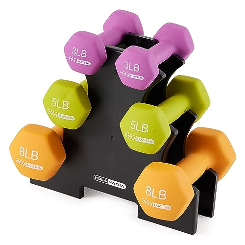 HolaHatha 2, 3, 5, 8, and 10 Pound Neoprene Dumbbell Free Hand Weight Set with Rack, Ideal for Home Exercises to Gain Tone and Definition, Pastel - 32 LB - Multicolor