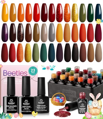 beetles Gel Polish Nail Set 20 Colors Cozy Campfire Collection Orange Yellow Green Brown Gel Polish Set Soak Off Uv Lamp Need Base Glossy & Matte Top Coat Manicure Kit for Girls Women Gift - 0-0-20 Colors Cozy Campfire
