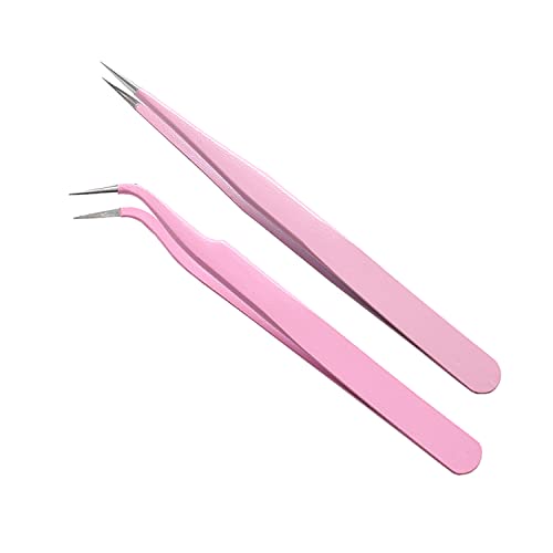 MAXLEAF 2PCS Stainless Tweezers Straight Curved Tweezers for Stickers Eyelash Extensions Precision Electronics Nail Rhinestone Jewelry, Scrapbooking Tools (Pink) - Pink