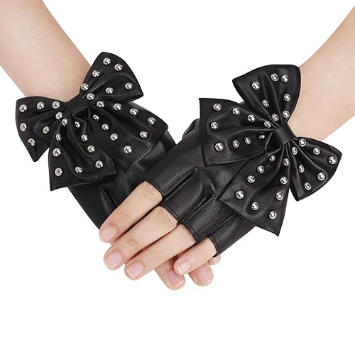 AMAZON | TINAYAUE Punk Half Finger Gloves Big Bowknot Rivet Design PU Leather Performance Cosplay Gloves Fingerless Rock Jazz Style Gloves Club Stage Dance Gloves for Girls Women - Black