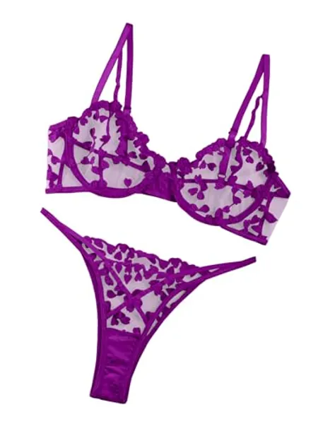 Lilosy Sexy Underwire Cute Push Up Strappy Embroidered Mesh Sheer Lingerie Set See Through Panty Bra