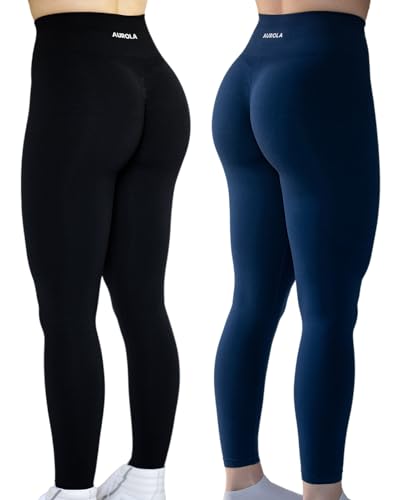 AUROLA Workout Leggings for Women Seamless Scrunch Tights Tummy Control Gym Fitness Girl Sport Active Yoga Pants - Medium - Set (Black+tuxedo Blue)