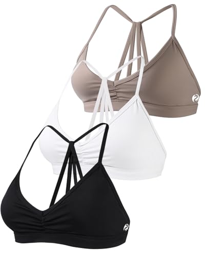 AUROLA Mercury Workout Sports Bras Women Athletic Removable Padded Backless Strapy Minimal Crop Top - Small - Pack (Black+natural+crescent White)