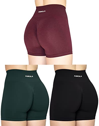 AUROLA Intensify Workout Shorts for Women Seamless Scrunch Active Exercise Fitness Amplify Shorts - Medium - Black/Dark Green/Black Cherry