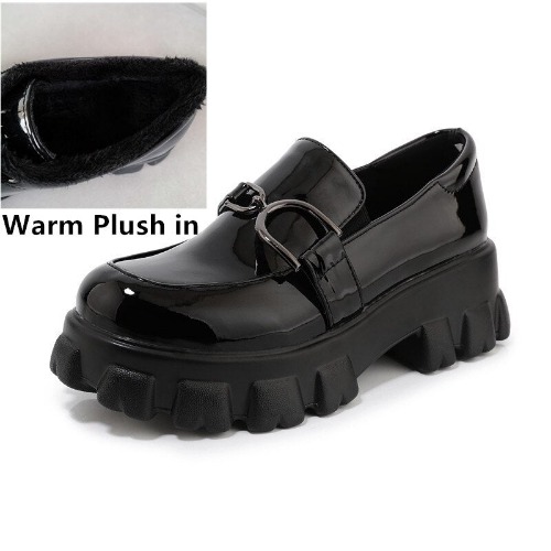 Aiertu Spring New Slip ons Shallow Shoes Women Metal Chain Buckle Platform Chunky Heels Casual Shoes Loafers 33-46 sapato feminino | Plush in Black / 8