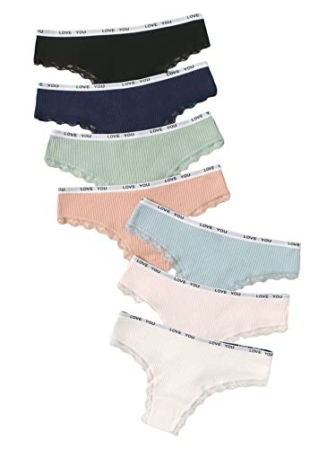 SHENHE Women's 7 Piece No Show Underwear Lace Trim Bow Low Rise Thong Panties - Medium - Letter Tape Multicolor