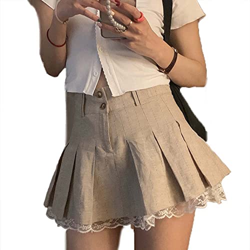 Women Y2K Mini Skirt Lace Lining Pleated Bodycon Skirt High Waist Button Zip A Line Striped Skirt Fairy Grunge Aesthetic - Small - Khaki