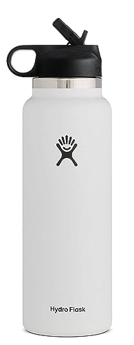 Hydro Flask Stainless Steel Wide Mouth Water Bottle with Straw Lid and Double-Wall Vacuum Insulation - 40 Oz - White