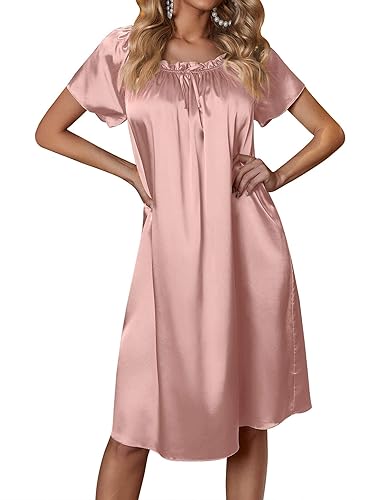 Ekouaer Women's Satin Silk Pleated Nightgown Loose Sleepwear Printed Nightshirt Short Sleeve Sleep Dress - Pink - X-Large