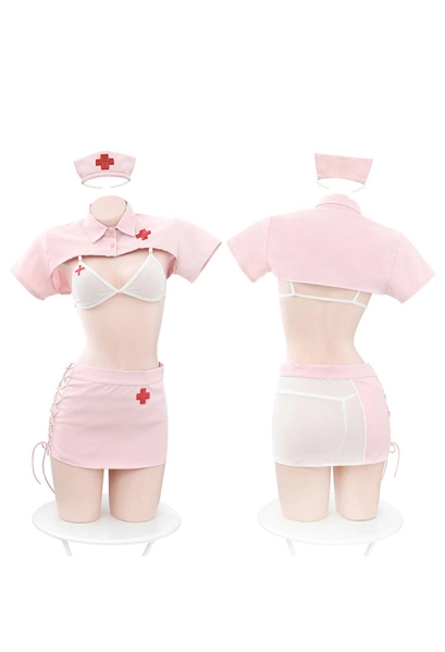 Pink Nurse Sexy Lingerie Set Super Short Crop Top with Side Bandage Hip Skirt Set