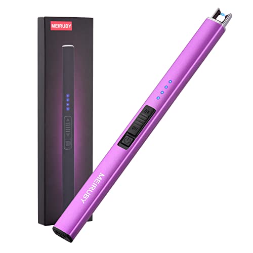 MEIRUBY Lighter Electric Candle Lighter Long Electronic Rechargeable USB Lighter Arc Windproof Flameless Lighters for Candle Camping BBQ Birthday Women's Day Gifts for Women Mom Wife Men, Purple - Purple