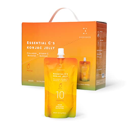EVERYDAZE Essential C’s Collagen + Vitamin C Konjac Jelly | Vegan, 10 Calories, 0 Sugar | Mango | 10 Packs | Healthy Diet Pouch Drinkable Snack Drink, Weight Management - Mango