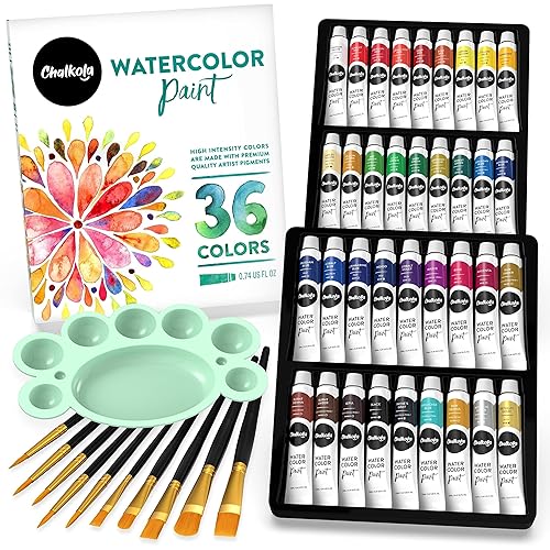 Chalkola Watercolor Paint Kit for Adults - 36 Watercolor Tubes (12ml, 0.4oz), 10 Painting Brushes & 1 Palette - Water Colour Paint Set for Kids, Beginners & Professional Artists | Watercolour Supplies - Watercolor Paint Set