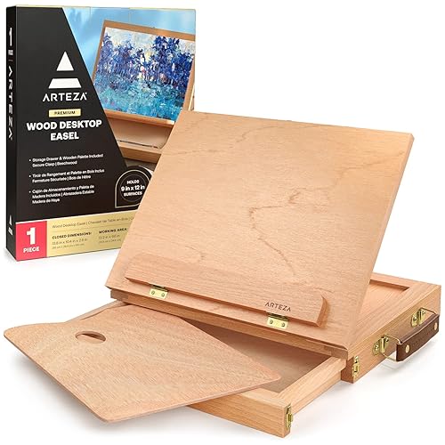 Arteza Tabletop Easel, 13.4 x 10.3 x 2 Inches, Portable Beechwood Easel Box with Single, Open-Compartment Drawer and Wooden Palette, Art Supplies Storage for Professional Artists, Multicolor - 13.4 x 10.3 with 3-Compartment Drawer