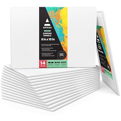 Arteza Painting Canvas Panels, 8x10, Set of 14, Primed White, 100% Cotton with Recycled Board Core, For Acrylic, Oil, Other Wet or Dry Art Media, For Artists, Hobby Painters, Kids - White - 8x10” Set of 14