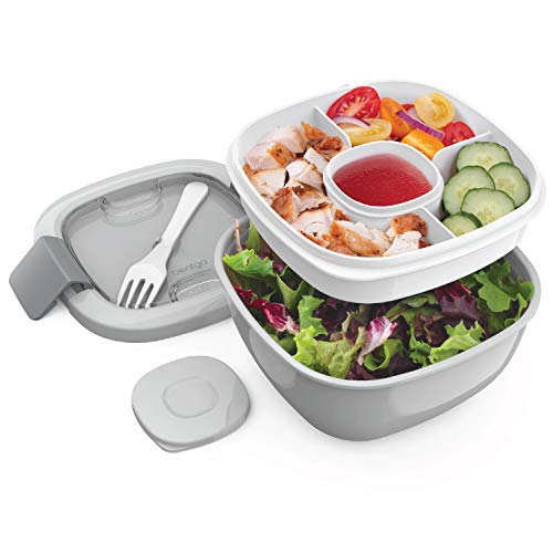 Bentgo Salad - Stackable Lunch Container with Large 54-oz Salad Bowl, 4-Compartment Bento-Style Tray for Toppings, 3-oz Sauce Container for Dressings, Built-in Reusable Fork & BPA-Free (Gray) - Gray