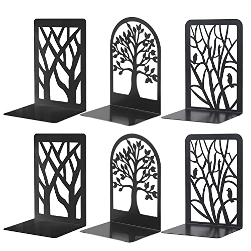 Moocci Metal Bookends Fortune Tree Design & Tree Shadow Design & Resting Bird Design, Decorative Bookend Black Book Ends, 3Pairs