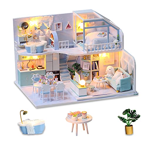 GuDoQi DIY Miniature Dollhouse Kit, Tiny House kit with Furniture, Miniature House Kit 1:24 Scale, Great Gift for Birthday Mother's Day, Beautiful Blue Room - Blue Room