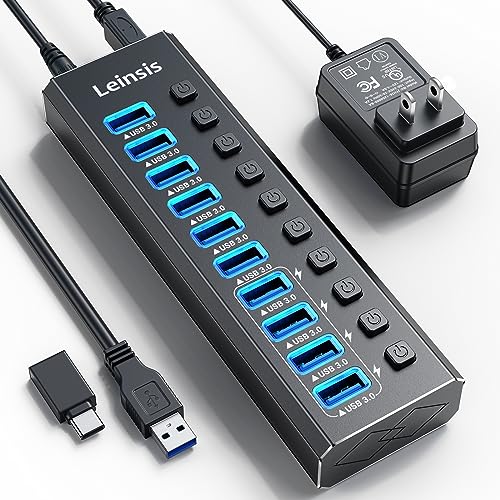 Powered USB Hub 3.0, Leinsis 10-Port USB 3.0 Hub [Durable Aluminum] 10 Data Transfer Ports+ 4 Smart Charging Ports with Individual On/Off Switches, USB Hub 3.0 Powered with Power Adapter for Laptop PC - 10 IN 1 HUB