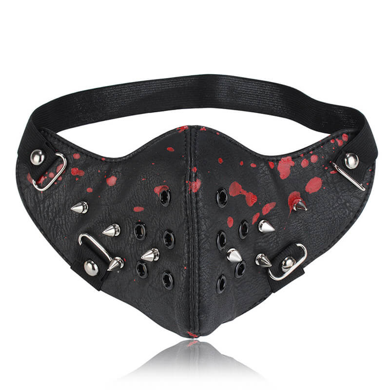 Rivet Punk Leather Half Facemask - Black+Red