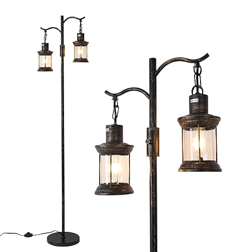 Vintage Dimmable Floor Lamp,2 Classical Lanterns Standing Lamp, Rustic Farmhouse Floor Lamp with Bronze Gold Finish, for Living Room Bedroom (Bronze) - Bronze