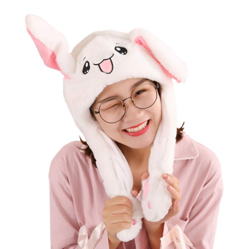 APOEM Cute Bunny Hat Ear Moving Jumping Hat Funny Animal Plush Rabbit Hats Kids Adult Christmas Party Cosplay Holiday Hats (White)
